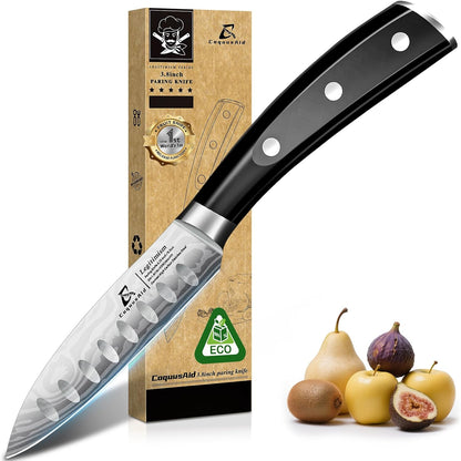 5 inch Kitchen Utility Knife, Serrated Blade Tomato Knife | Ultra Sharp Paring knives, Round Tip, Ergonomic Handle, Full Tang – Forged High Carbon German Steel, Ideal for Gift (Black)