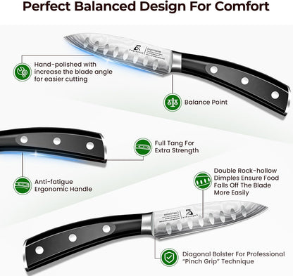 5 inch Kitchen Utility Knife, Serrated Blade Tomato Knife | Ultra Sharp Paring knives, Round Tip, Ergonomic Handle, Full Tang – Forged High Carbon German Steel, Ideal for Gift (Black)