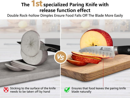 5 inch Kitchen Utility Knife, Serrated Blade Tomato Knife | Ultra Sharp Paring knives, Round Tip, Ergonomic Handle, Full Tang – Forged High Carbon German Steel, Ideal for Gift (Black)
