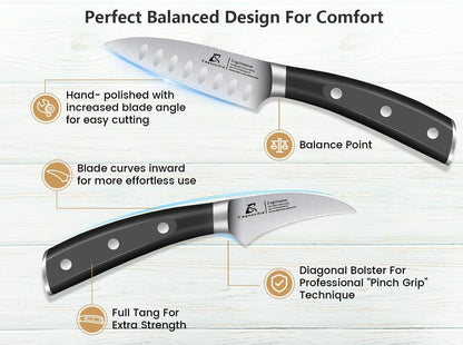5 inch Kitchen Utility Knife, Serrated Blade Tomato Knife | Ultra Sharp Paring knives, Round Tip, Ergonomic Handle, Full Tang – Forged High Carbon German Steel, Ideal for Gift (Black)