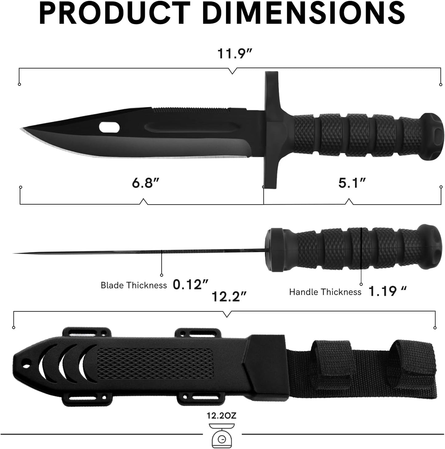 Fixed Blade Hunting Knife with Sheath, 12-inch Survival Knives for Men Tactical Bowie Knife with Non-Slip Handle for Bushcraft, Outdoor Camping