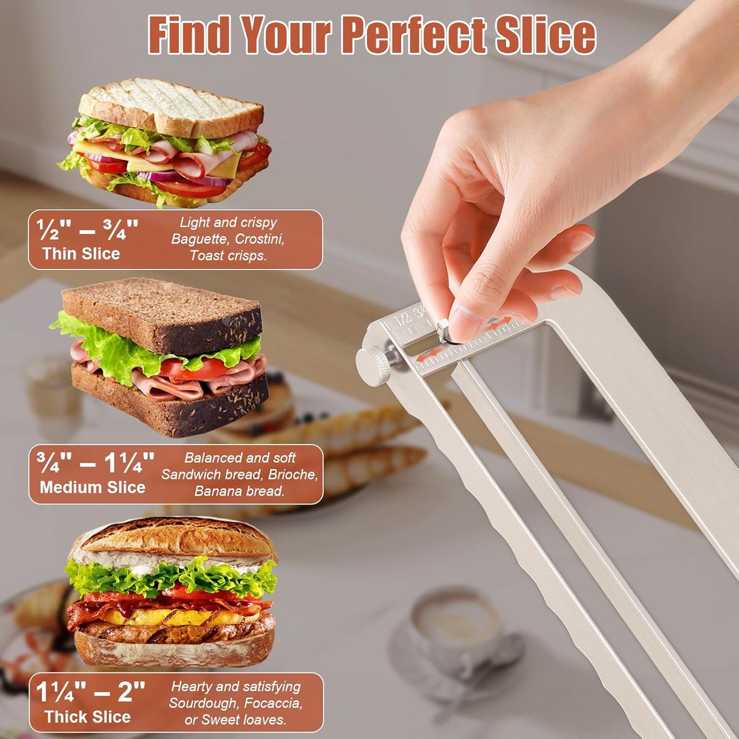Right-Handed Adjustable Bread Knife for Homemade Bread with Precision Thickness Guide - Sourdough Bread Slicer for Homemade Bread & Sourdough Loaves, Sharp Serrated Steel Blade for Baguettes