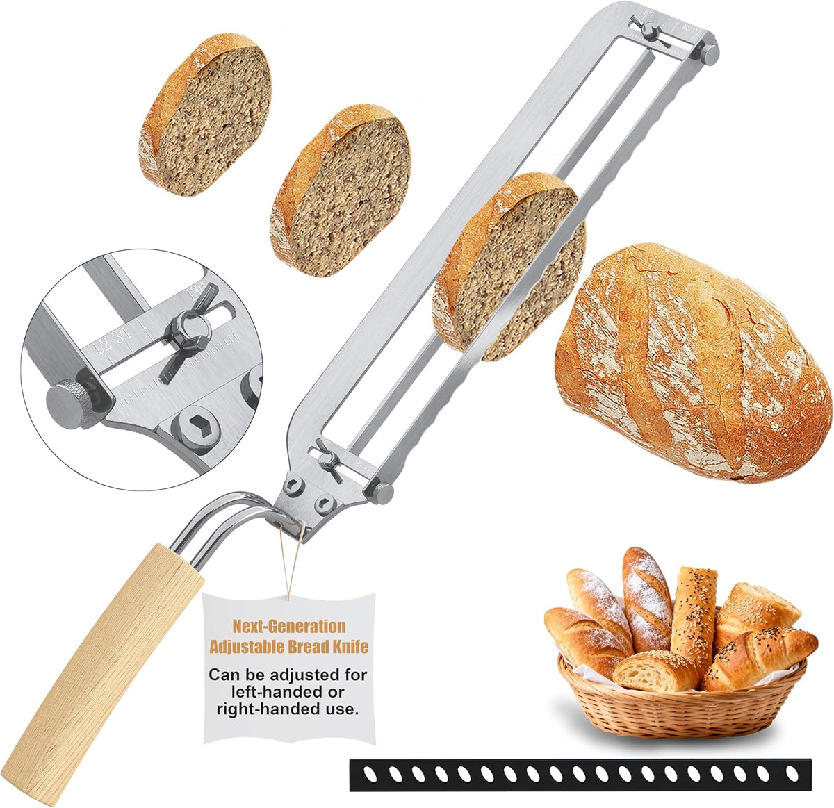 Right-Handed Adjustable Bread Knife for Homemade Bread with Precision Thickness Guide - Sourdough Bread Slicer for Homemade Bread & Sourdough Loaves, Sharp Serrated Steel Blade for Baguettes