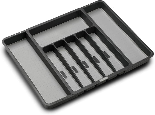 Expandable Silverware Tray, 8 Compartment Silverware Organizer for Forks, Knives & Spoons, Non Slip, Soft Grip Base, Expands to Fit Most Drawers, Carbon
