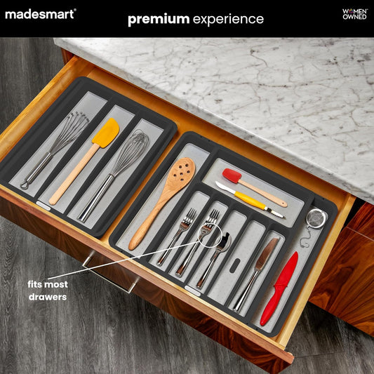 Expandable Silverware Tray, 8 Compartment Silverware Organizer for Forks, Knives & Spoons, Non Slip, Soft Grip Base, Expands to Fit Most Drawers, Carbon