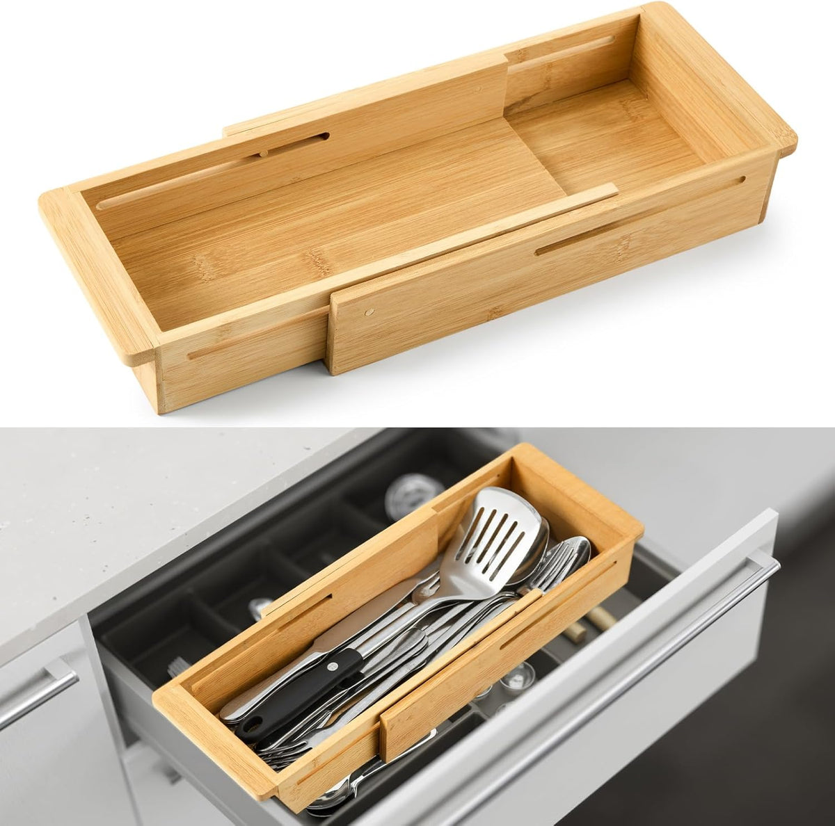 1 Pcs Sliding Drawer Organizer 12.4-17.7 Inch Bin Bamboo Drawer Expandable Bins Utensil Organizer for Kitchen Spoons Forks Knives (Wood)