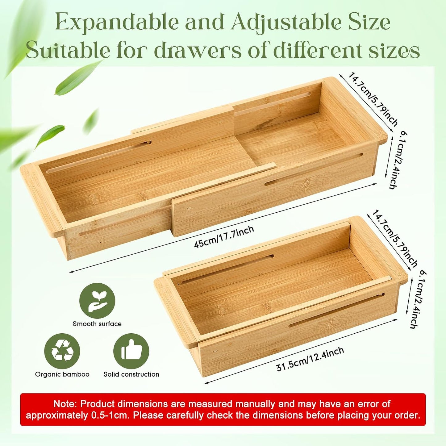 1 Pcs Sliding Drawer Organizer 12.4-17.7 Inch Bin Bamboo Drawer Expandable Bins Utensil Organizer for Kitchen Spoons Forks Knives (Wood)