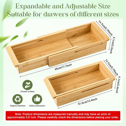 1 Pcs Sliding Drawer Organizer 12.4-17.7 Inch Bin Bamboo Drawer Expandable Bins Utensil Organizer for Kitchen Spoons Forks Knives (Wood)