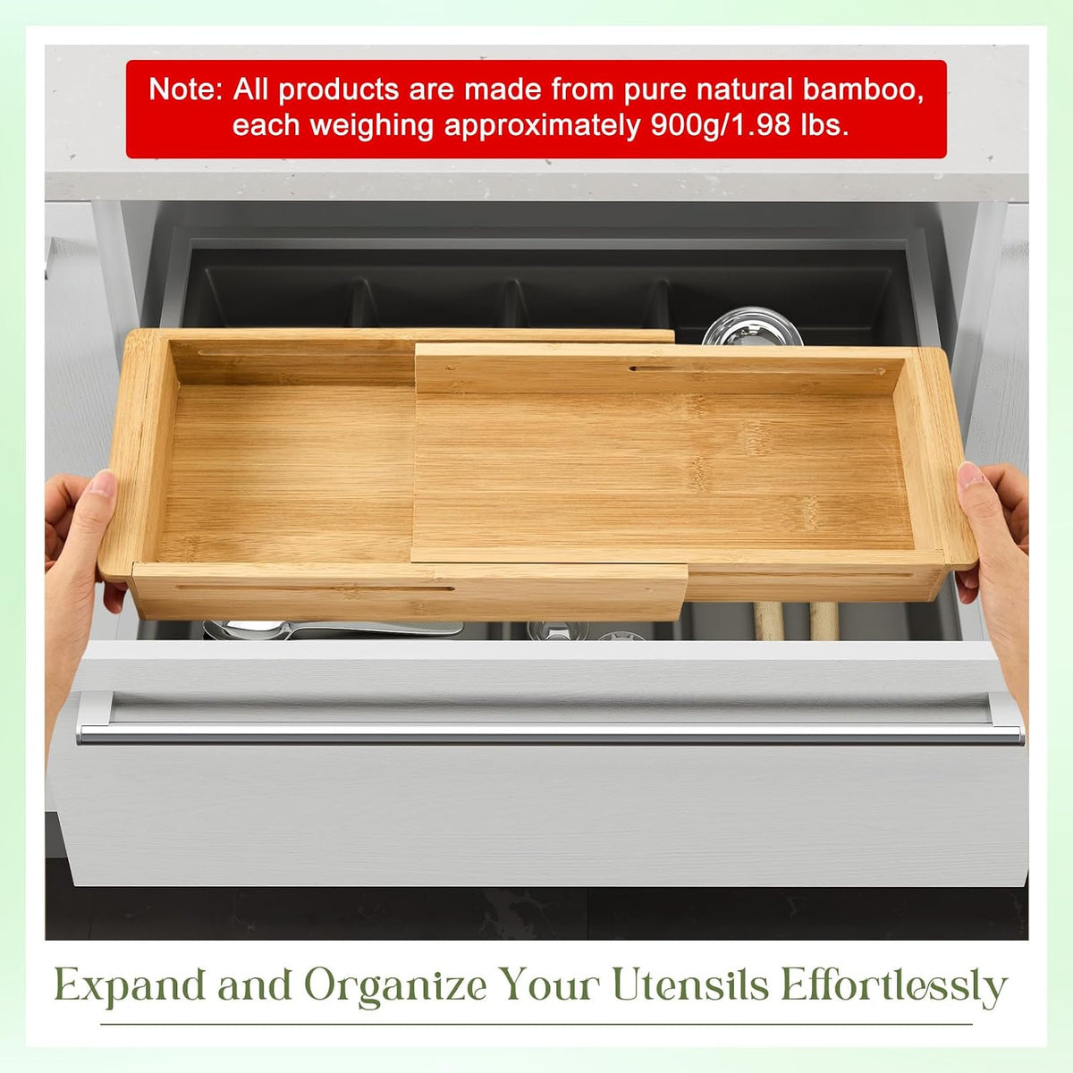 1 Pcs Sliding Drawer Organizer 12.4-17.7 Inch Bin Bamboo Drawer Expandable Bins Utensil Organizer for Kitchen Spoons Forks Knives (Wood)