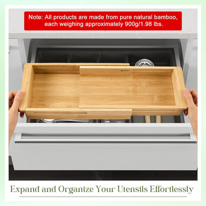 1 Pcs Sliding Drawer Organizer 12.4-17.7 Inch Bin Bamboo Drawer Expandable Bins Utensil Organizer for Kitchen Spoons Forks Knives (Wood)