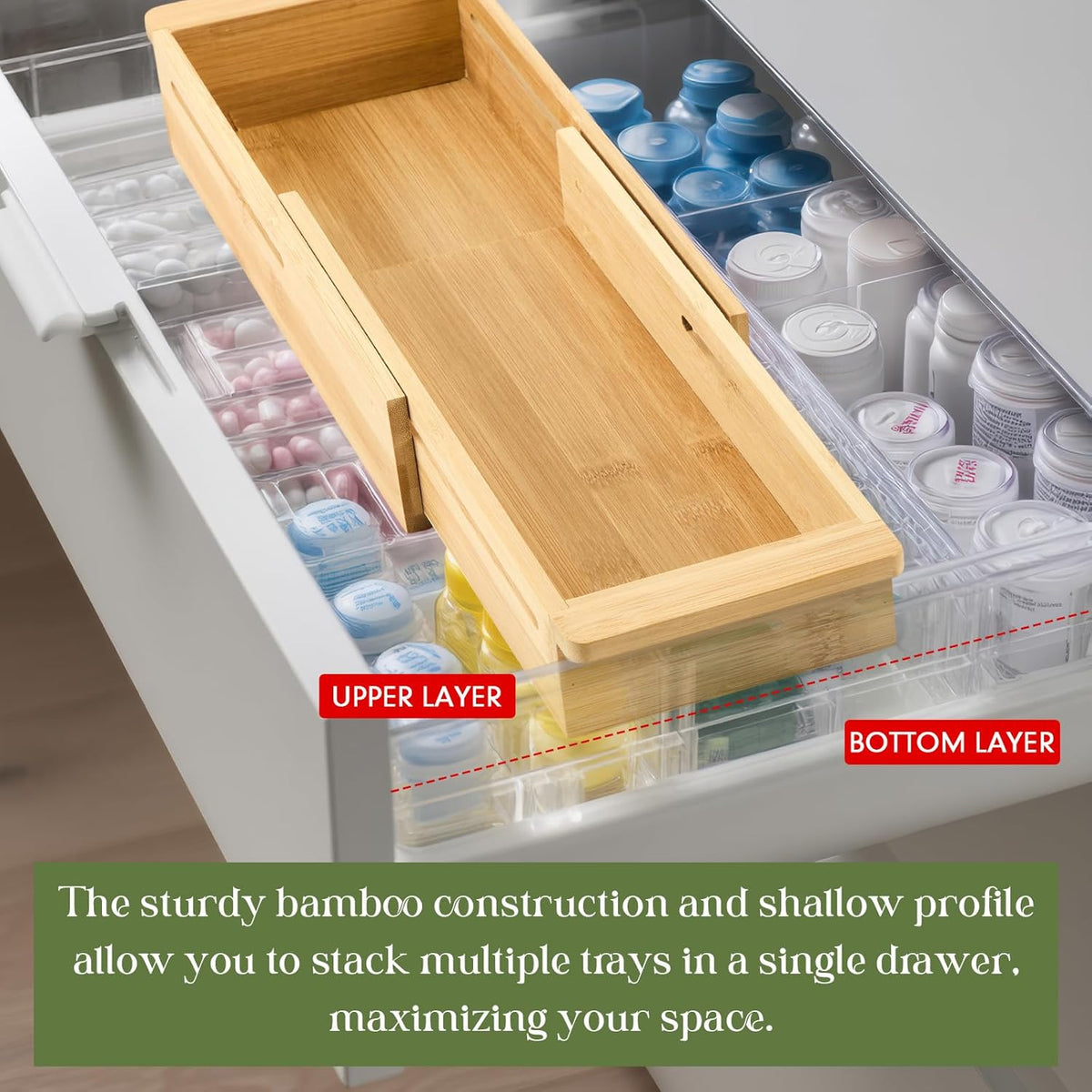1 Pcs Sliding Drawer Organizer 12.4-17.7 Inch Bin Bamboo Drawer Expandable Bins Utensil Organizer for Kitchen Spoons Forks Knives (Wood)