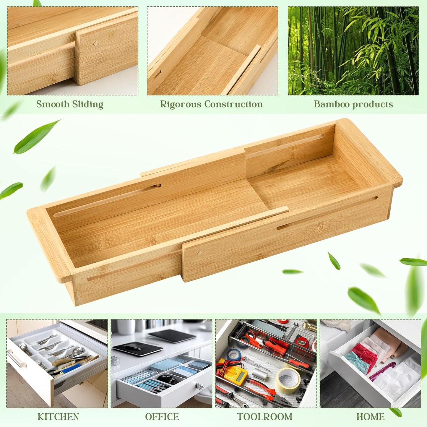 1 Pcs Sliding Drawer Organizer 12.4-17.7 Inch Bin Bamboo Drawer Expandable Bins Utensil Organizer for Kitchen Spoons Forks Knives (Wood)