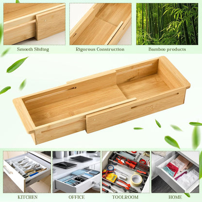 1 Pcs Sliding Drawer Organizer 12.4-17.7 Inch Bin Bamboo Drawer Expandable Bins Utensil Organizer for Kitchen Spoons Forks Knives (Wood)