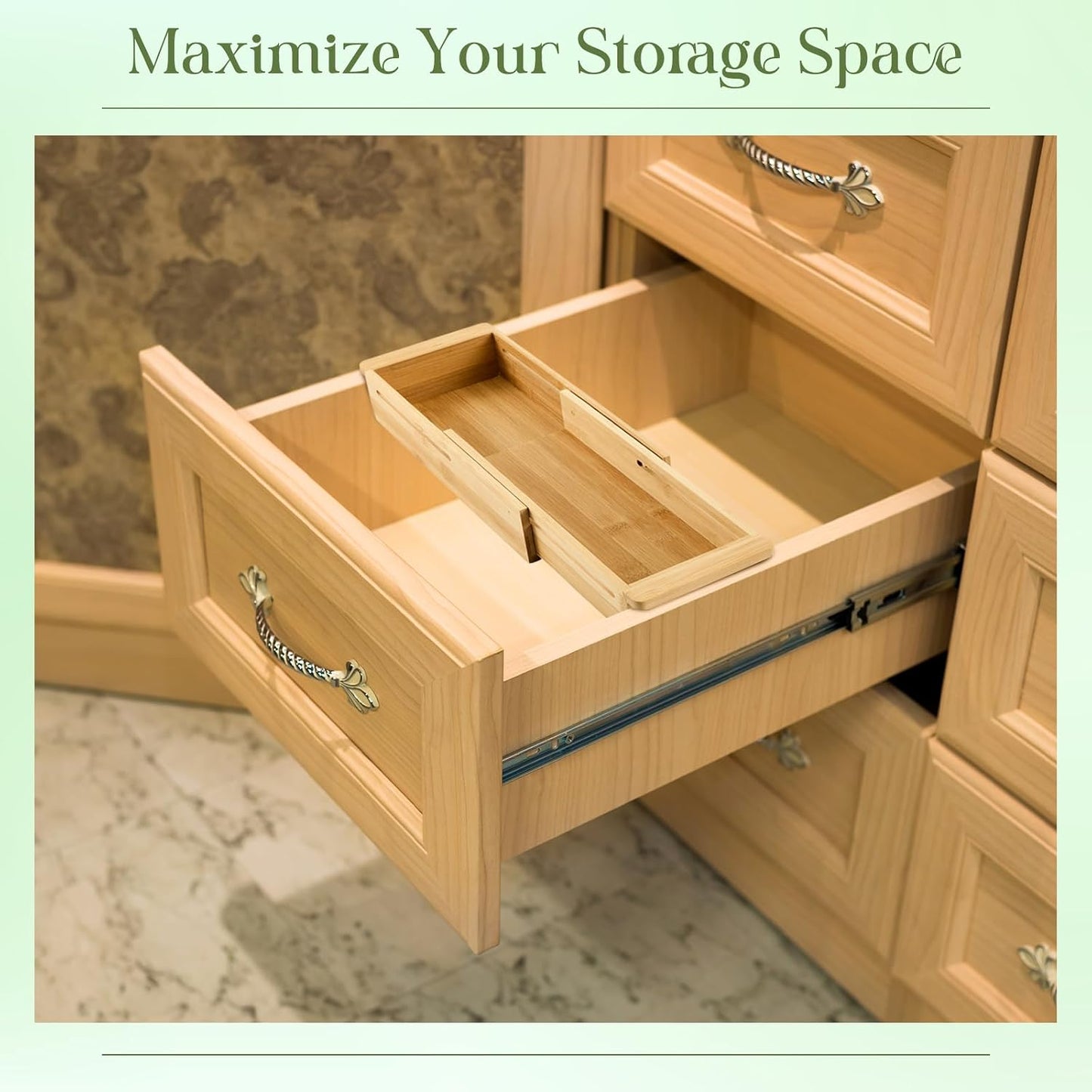 1 Pcs Sliding Drawer Organizer 12.4-17.7 Inch Bin Bamboo Drawer Expandable Bins Utensil Organizer for Kitchen Spoons Forks Knives (Wood)