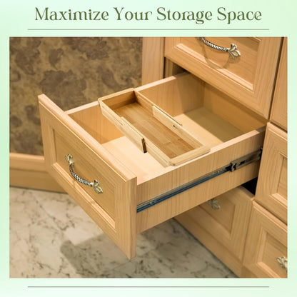 1 Pcs Sliding Drawer Organizer 12.4-17.7 Inch Bin Bamboo Drawer Expandable Bins Utensil Organizer for Kitchen Spoons Forks Knives (Wood)