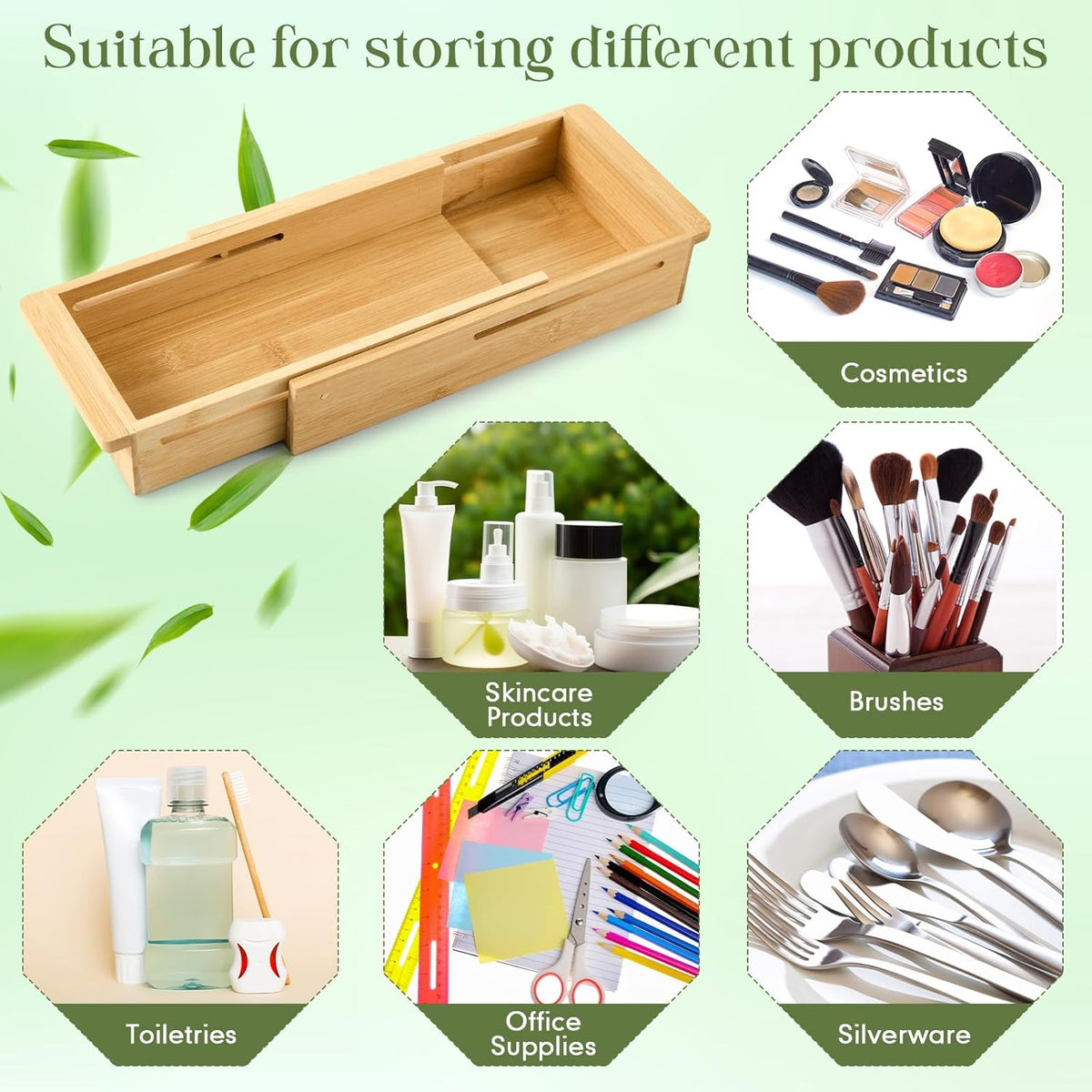 1 Pcs Sliding Drawer Organizer 12.4-17.7 Inch Bin Bamboo Drawer Expandable Bins Utensil Organizer for Kitchen Spoons Forks Knives (Wood)