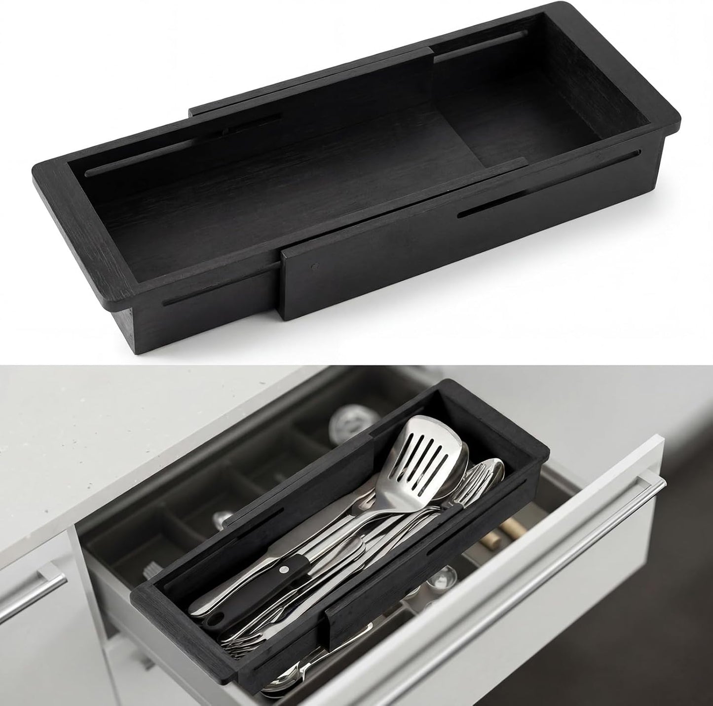 1 Pcs Sliding Drawer Organizer 12.4-17.7 Inch Bin Bamboo Drawer Expandable Bins Utensil Organizer for Kitchen Spoons Forks Knives (Wood)