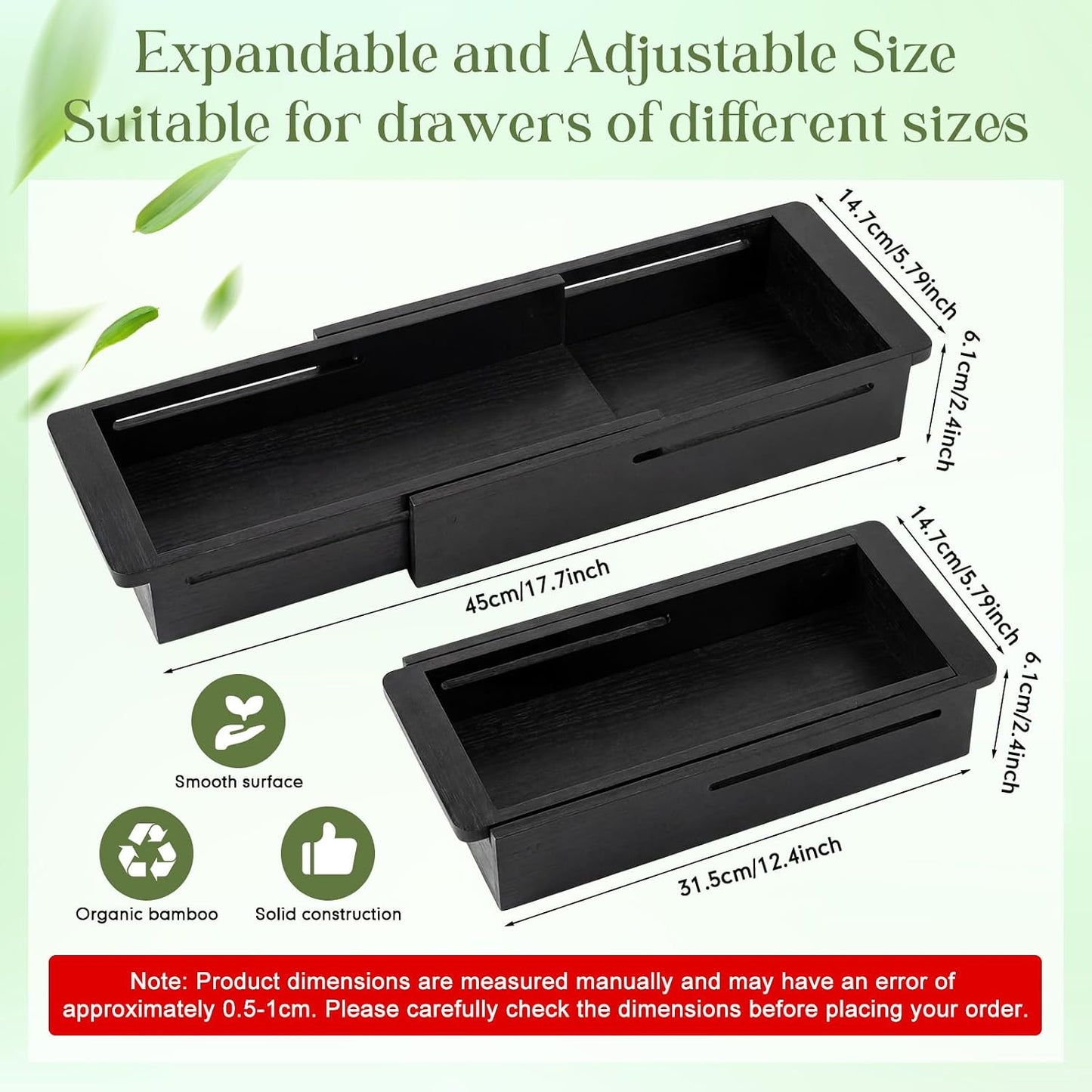 1 Pcs Sliding Drawer Organizer 12.4-17.7 Inch Bin Bamboo Drawer Expandable Bins Utensil Organizer for Kitchen Spoons Forks Knives (Wood)