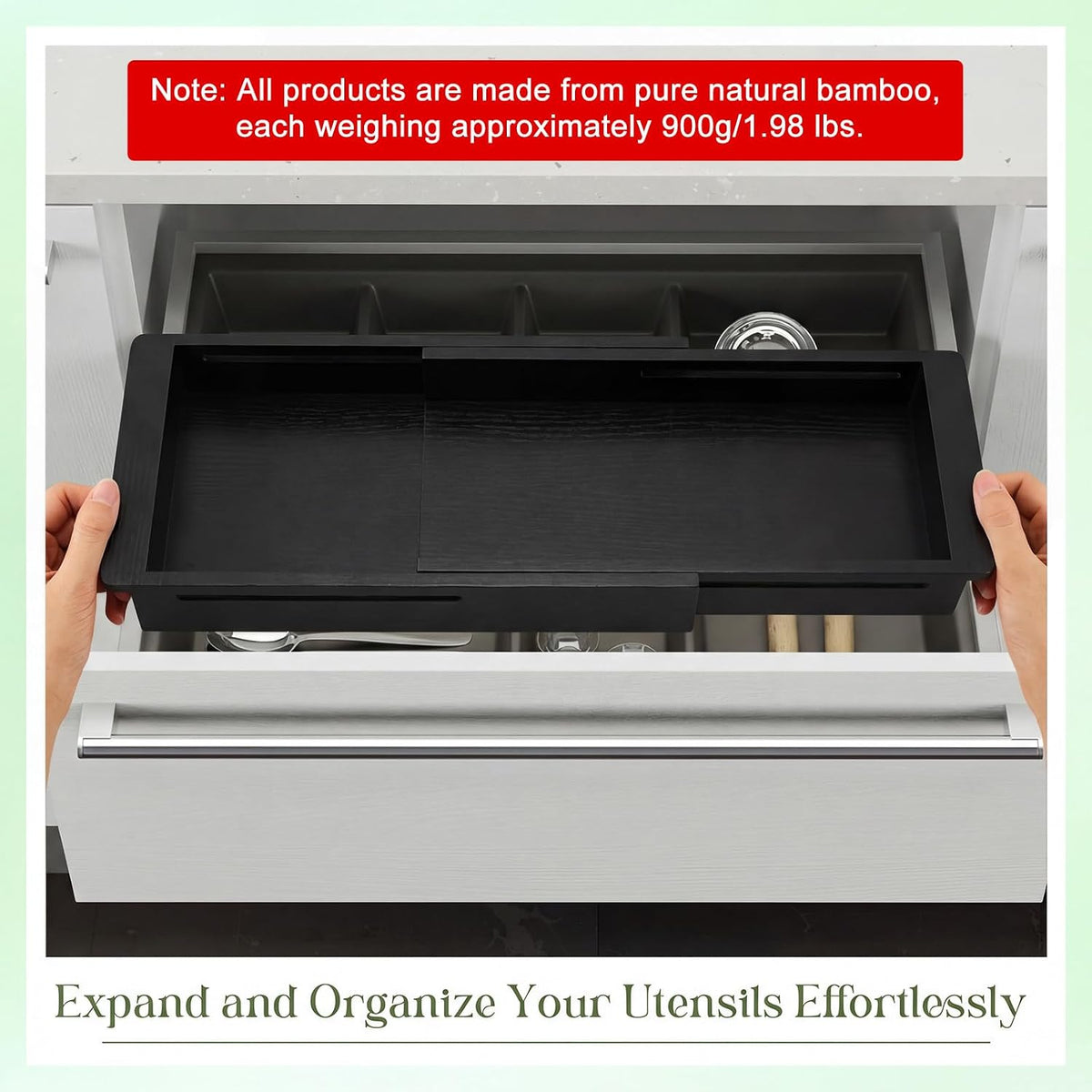 1 Pcs Sliding Drawer Organizer 12.4-17.7 Inch Bin Bamboo Drawer Expandable Bins Utensil Organizer for Kitchen Spoons Forks Knives (Wood)