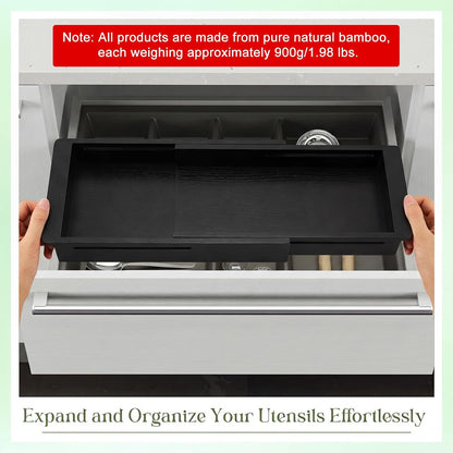 1 Pcs Sliding Drawer Organizer 12.4-17.7 Inch Bin Bamboo Drawer Expandable Bins Utensil Organizer for Kitchen Spoons Forks Knives (Wood)