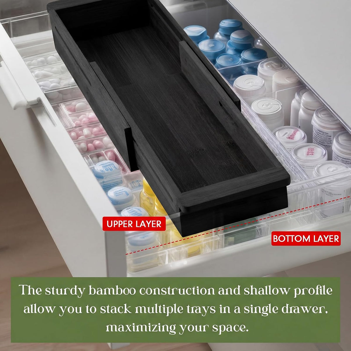 1 Pcs Sliding Drawer Organizer 12.4-17.7 Inch Bin Bamboo Drawer Expandable Bins Utensil Organizer for Kitchen Spoons Forks Knives (Wood)