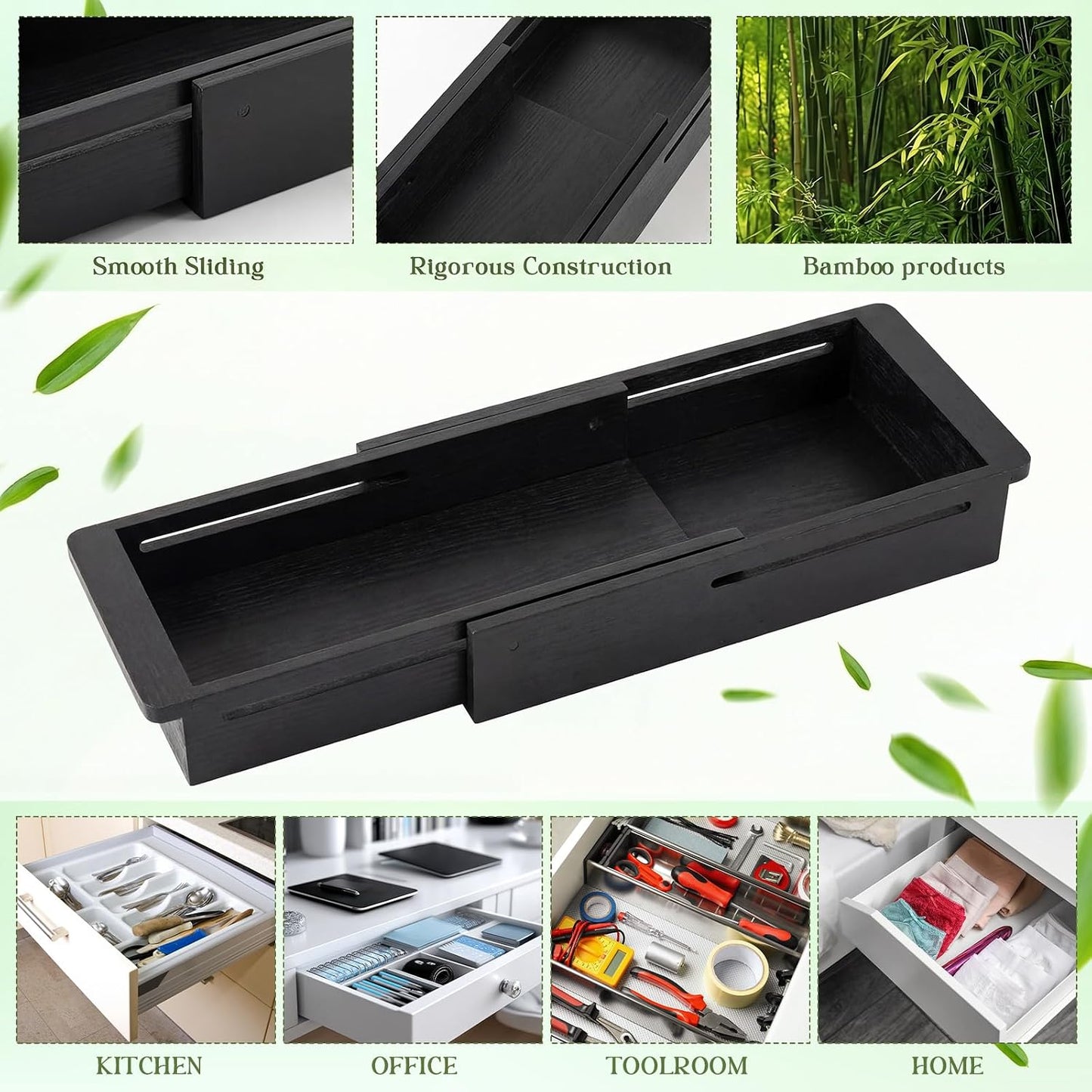 1 Pcs Sliding Drawer Organizer 12.4-17.7 Inch Bin Bamboo Drawer Expandable Bins Utensil Organizer for Kitchen Spoons Forks Knives (Wood)