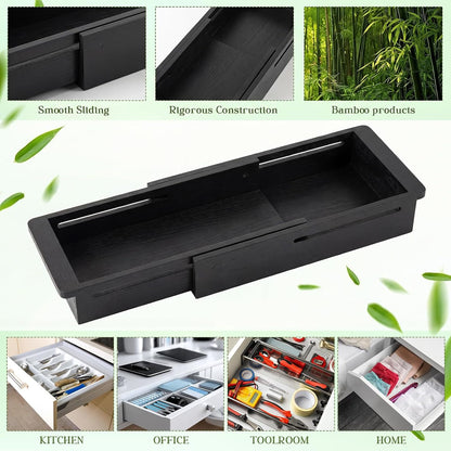 1 Pcs Sliding Drawer Organizer 12.4-17.7 Inch Bin Bamboo Drawer Expandable Bins Utensil Organizer for Kitchen Spoons Forks Knives (Wood)