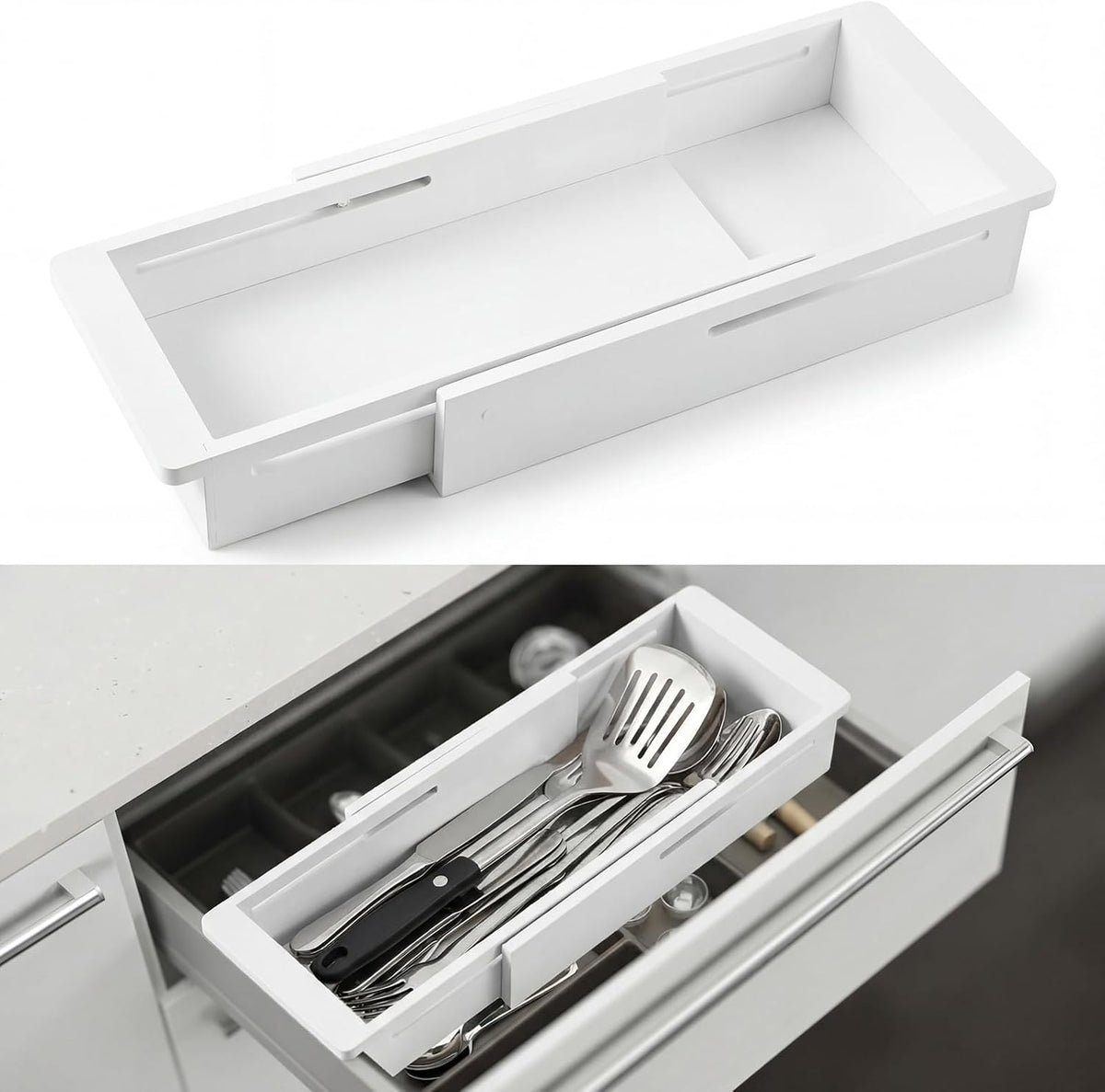 1 Pcs Sliding Drawer Organizer 12.4-17.7 Inch Bin Bamboo Drawer Expandable Bins Utensil Organizer for Kitchen Spoons Forks Knives (Wood)