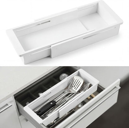 1 Pcs Sliding Drawer Organizer 12.4-17.7 Inch Bin Bamboo Drawer Expandable Bins Utensil Organizer for Kitchen Spoons Forks Knives (Wood)