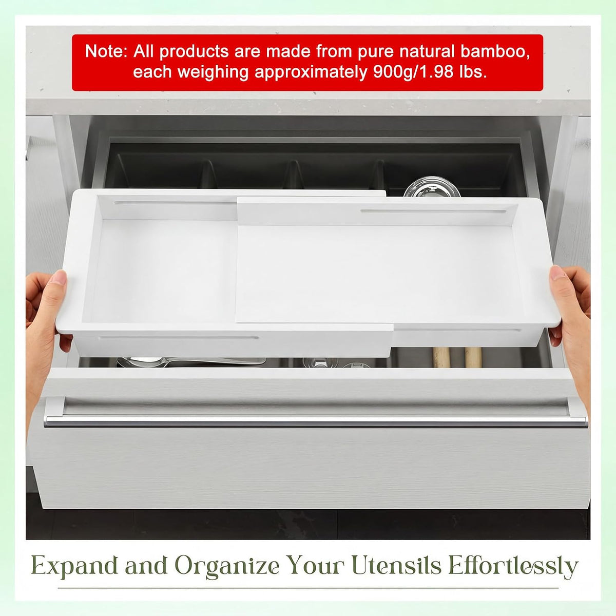 1 Pcs Sliding Drawer Organizer 12.4-17.7 Inch Bin Bamboo Drawer Expandable Bins Utensil Organizer for Kitchen Spoons Forks Knives (Wood)
