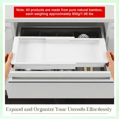 1 Pcs Sliding Drawer Organizer 12.4-17.7 Inch Bin Bamboo Drawer Expandable Bins Utensil Organizer for Kitchen Spoons Forks Knives (Wood)