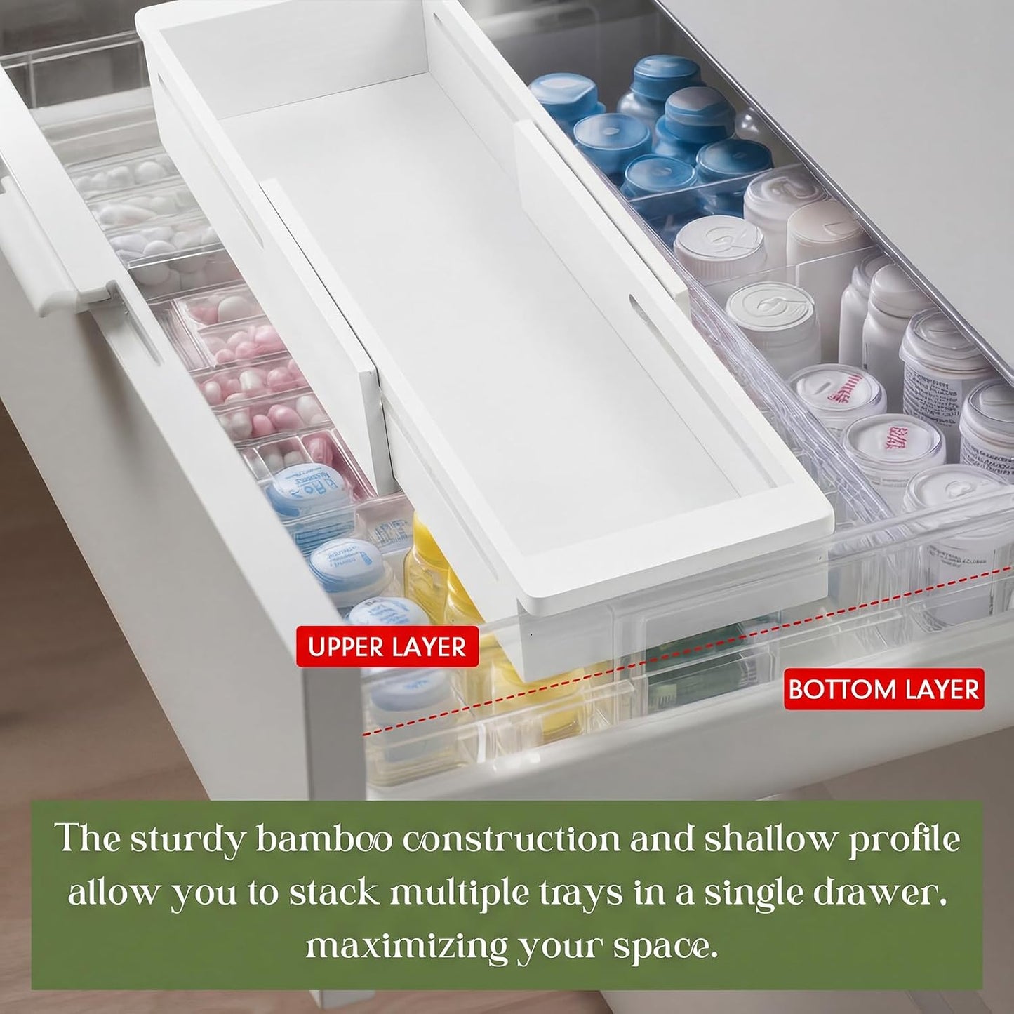 1 Pcs Sliding Drawer Organizer 12.4-17.7 Inch Bin Bamboo Drawer Expandable Bins Utensil Organizer for Kitchen Spoons Forks Knives (Wood)