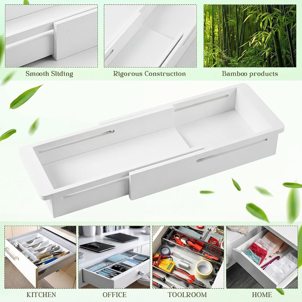 1 Pcs Sliding Drawer Organizer 12.4-17.7 Inch Bin Bamboo Drawer Expandable Bins Utensil Organizer for Kitchen Spoons Forks Knives (Wood)