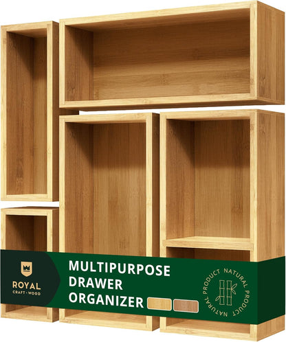 5-Piece Bamboo Drawer Organizer Set – Multi-Use Storage Trays for Kitchen, Bathroom, Office, Makeup, Jewelry & More – Junk Drawer Tray, Utensil Holder, Storage Box & Bin Set (5 Boxes)