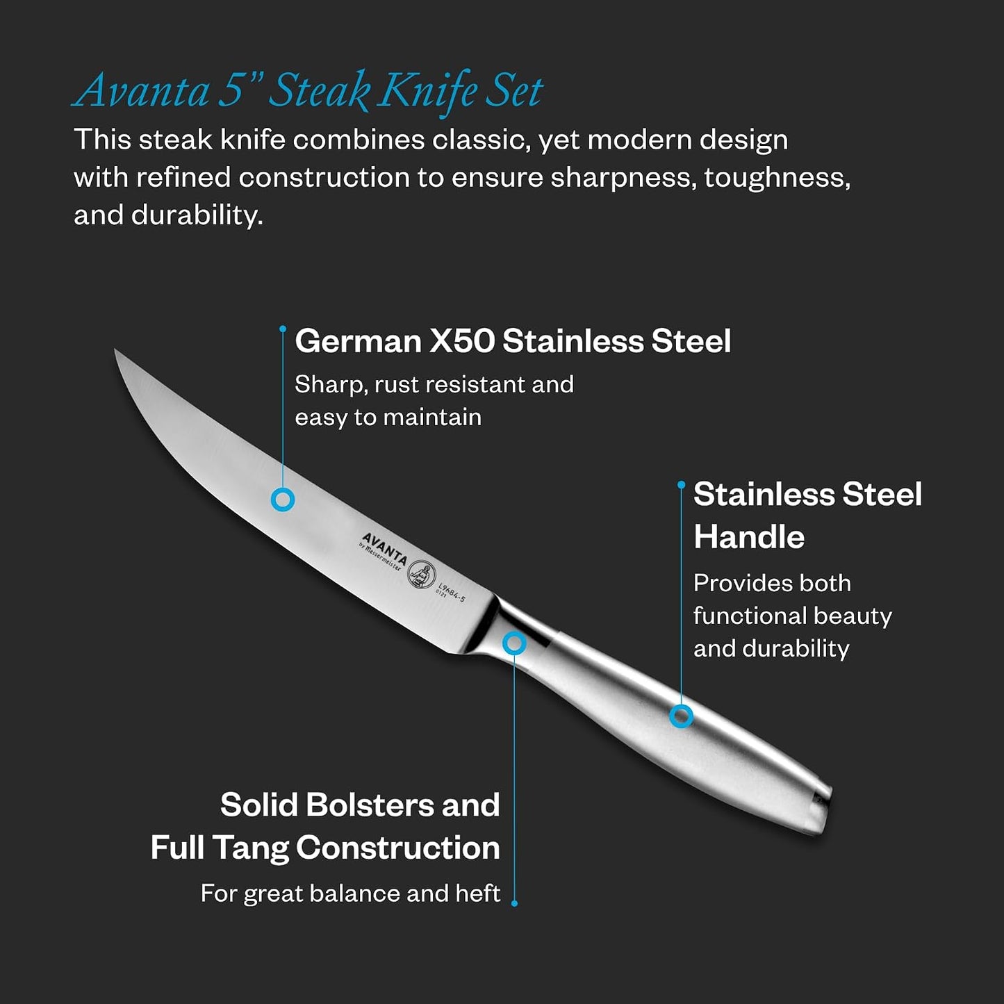 Avanta Forged 5” Fine Edge Steak Knife Set - German X50 Stainless Steel - Rust Resistant & Easy to Maintain - Includes 4 Steak Knives
