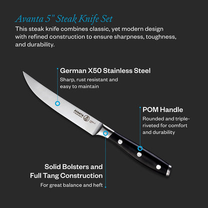 Avanta Forged 5” Fine Edge Steak Knife Set - German X50 Stainless Steel - Rust Resistant & Easy to Maintain - Includes 4 Steak Knives