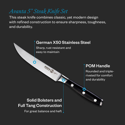 Avanta Forged 5” Fine Edge Steak Knife Set - German X50 Stainless Steel - Rust Resistant & Easy to Maintain - Includes 4 Steak Knives
