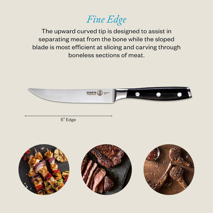 Avanta Forged 5” Fine Edge Steak Knife Set - German X50 Stainless Steel - Rust Resistant & Easy to Maintain - Includes 4 Steak Knives