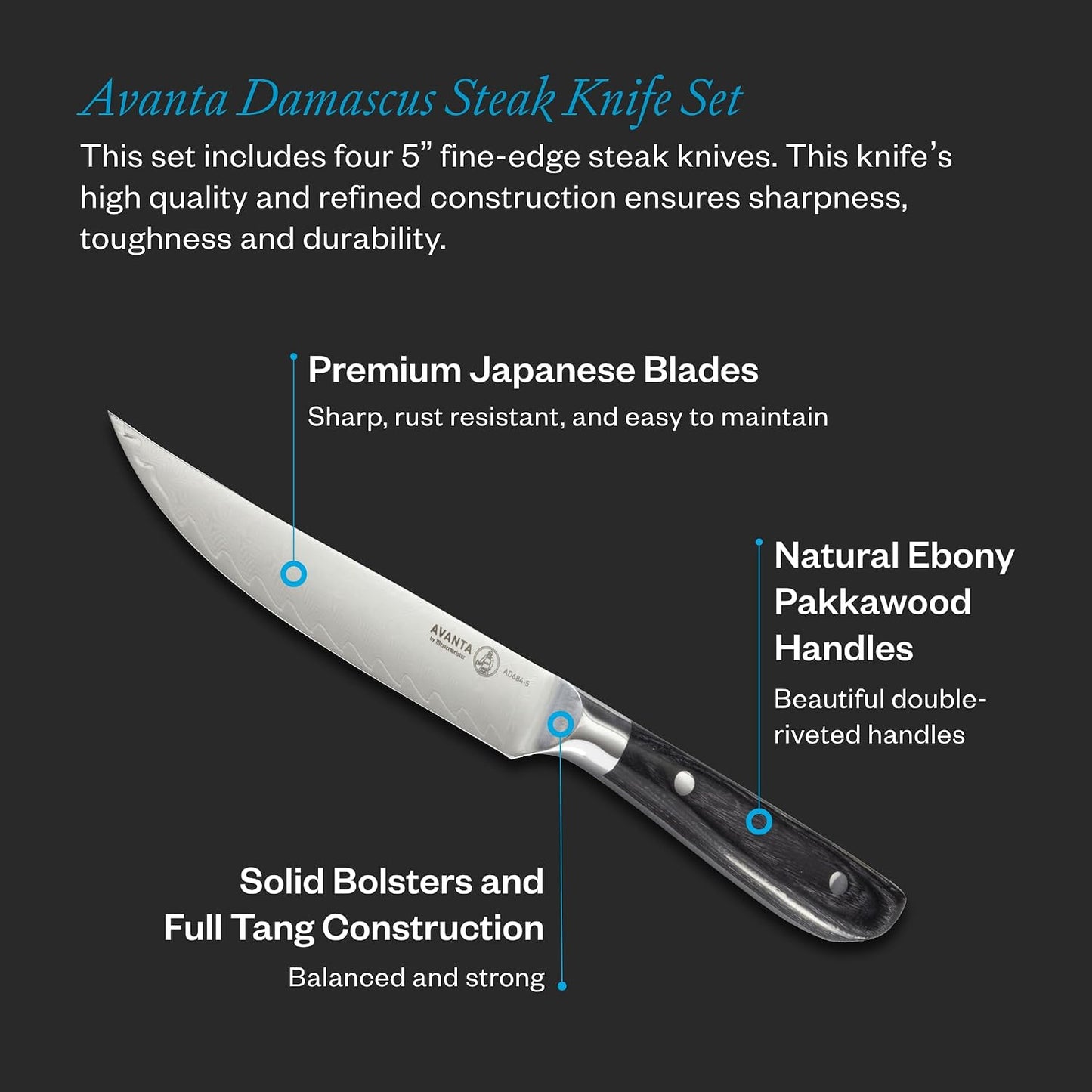 Avanta Forged 5” Fine Edge Steak Knife Set - German X50 Stainless Steel - Rust Resistant & Easy to Maintain - Includes 4 Steak Knives