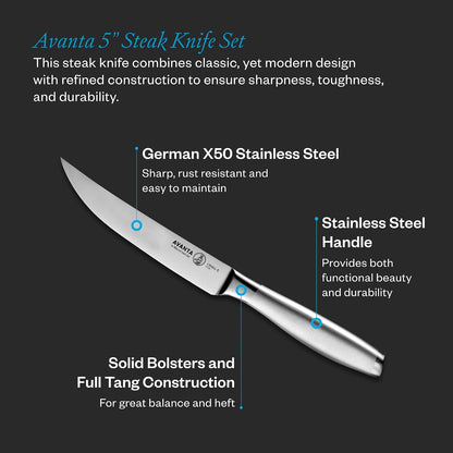 Avanta Forged 5” Fine Edge Steak Knife Set - German X50 Stainless Steel - Rust Resistant & Easy to Maintain - Includes 4 Steak Knives
