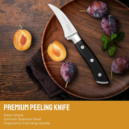 Bird Beak Paring Knife, 2.75 Inch Razor-Sharp Pro Tourné Knife | German High Carbon Steel Curved Peeling Knife for Round Fruit, Coring & Precision Garnishing, Ergonomic Full-Tang Handle