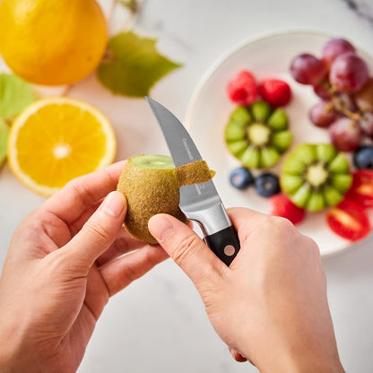 Bird Beak Paring Knife, 2.75 Inch Razor-Sharp Pro Tourné Knife | German High Carbon Steel Curved Peeling Knife for Round Fruit, Coring & Precision Garnishing, Ergonomic Full-Tang Handle
