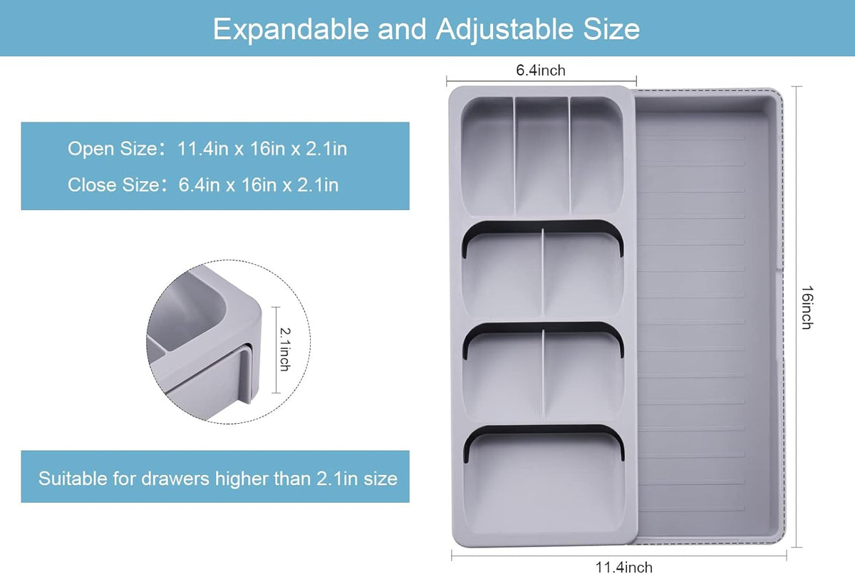 Expandable Kitchen Drawer Organizer, Adjustable Cutlery Trays and Utensil Holder, Kitchen Drawer Dividers Storage for Silverware, Flatware, Knives, Spoons, Gray