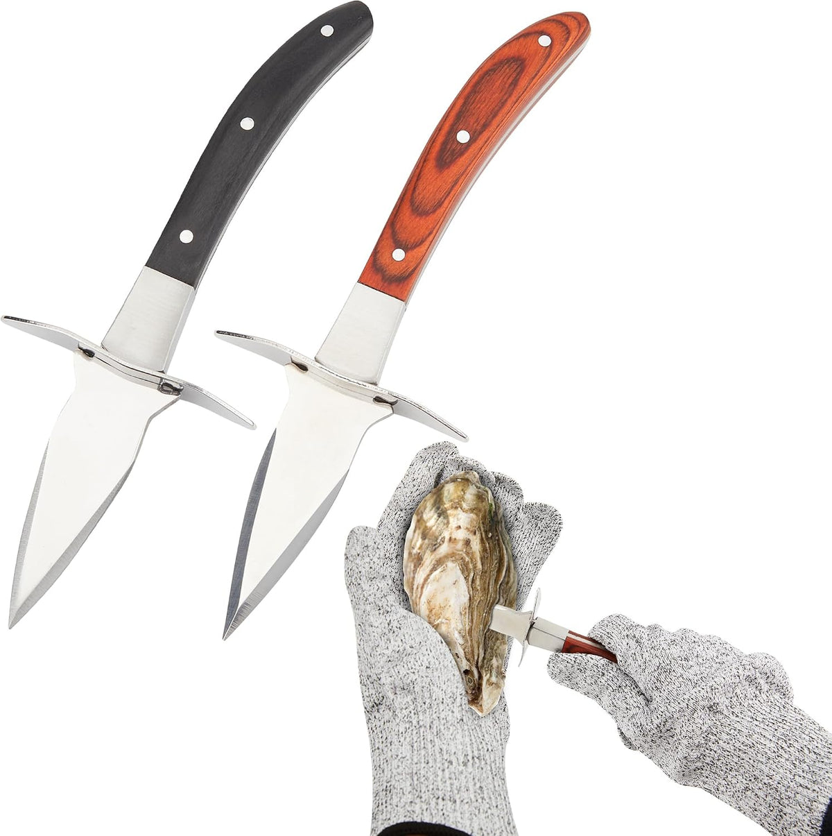 Oyster Shucker Set of 2 with Cut Resistant Glove, Stainless Steel Oyster Opener Tool, Wood Handle Shucking Knife Set for Oysters Clams Scallops Mussels Shellfish, Kitchen Seafood Tools Gift