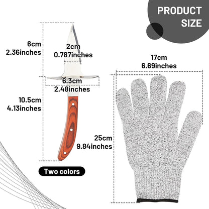 Oyster Shucker Set of 2 with Cut Resistant Glove, Stainless Steel Oyster Opener Tool, Wood Handle Shucking Knife Set for Oysters Clams Scallops Mussels Shellfish, Kitchen Seafood Tools Gift