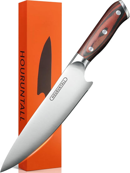 8 Inch stainless steel chef's knife with Innovative Safety Notch | Forged 5CR15MOV High Carbon Stainless Steel,Ultra Sharp Vegetable &Meat Cleaver with Ergonomic Wood Handle for Pro Chefs