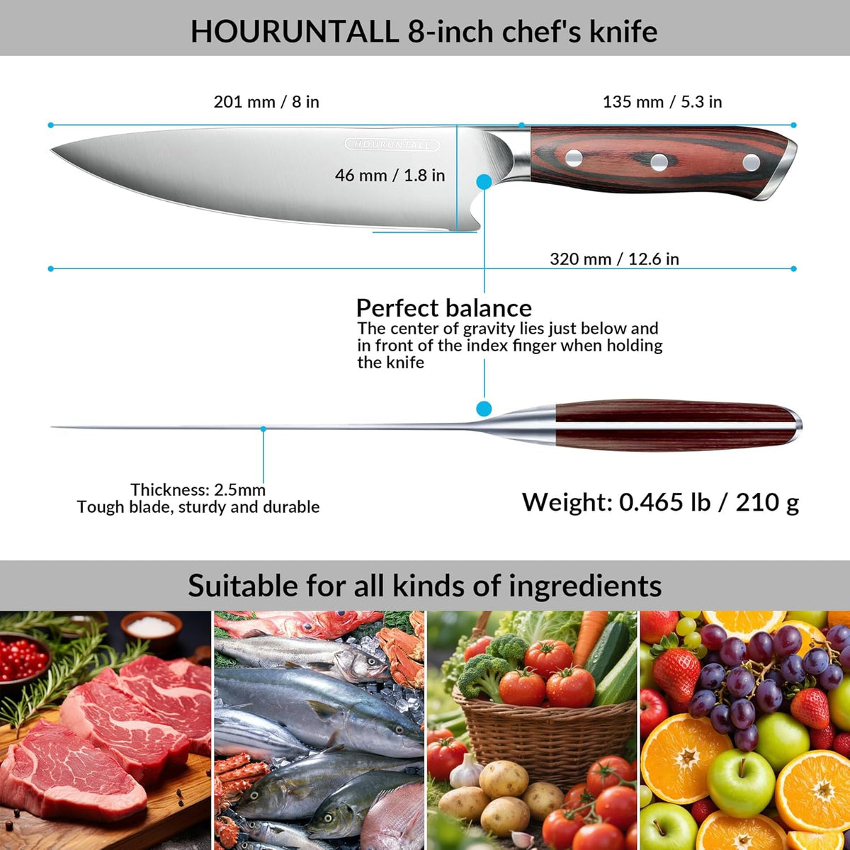 8 Inch stainless steel chef's knife with Innovative Safety Notch | Forged 5CR15MOV High Carbon Stainless Steel,Ultra Sharp Vegetable &Meat Cleaver with Ergonomic Wood Handle for Pro Chefs