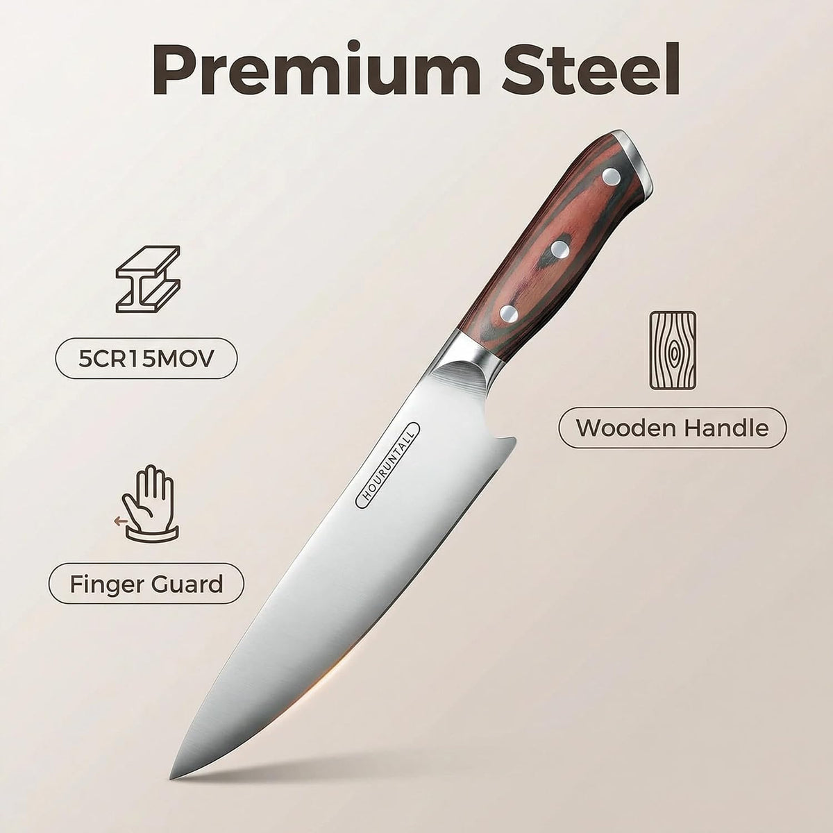 8 Inch stainless steel chef's knife with Innovative Safety Notch | Forged 5CR15MOV High Carbon Stainless Steel,Ultra Sharp Vegetable &Meat Cleaver with Ergonomic Wood Handle for Pro Chefs