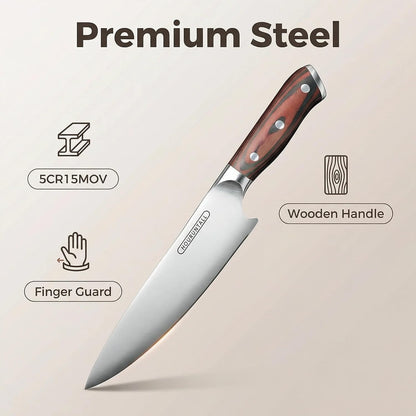 8 Inch stainless steel chef's knife with Innovative Safety Notch | Forged 5CR15MOV High Carbon Stainless Steel,Ultra Sharp Vegetable &Meat Cleaver with Ergonomic Wood Handle for Pro Chefs