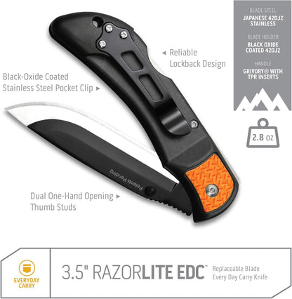 3.5" RazorLite EDC Knife. Pocket Knife with Replaceable Blades and Clip. The Perfect Hunting Blade for Skinning Deer. Blaze Orange with 6 Blades